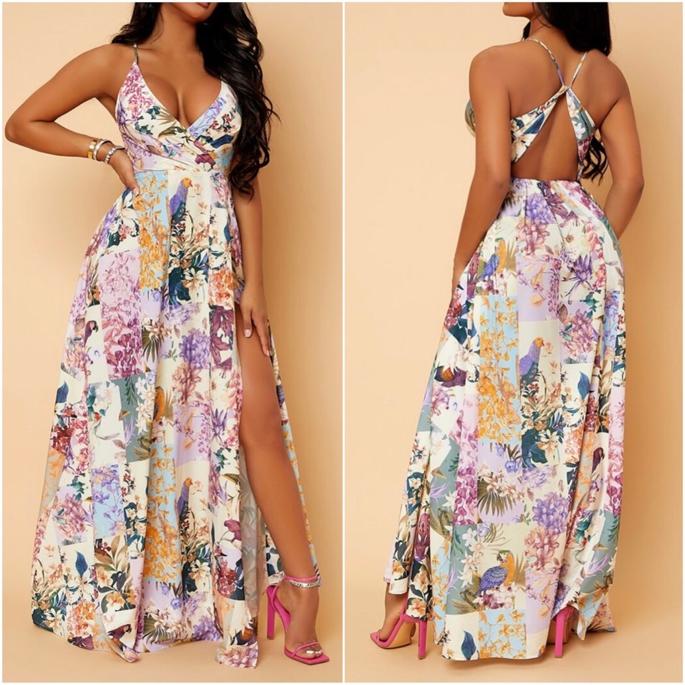 Boho Floral Print Criss Cross Back Maxi Wedding Party Dress - Picture 1 of 5